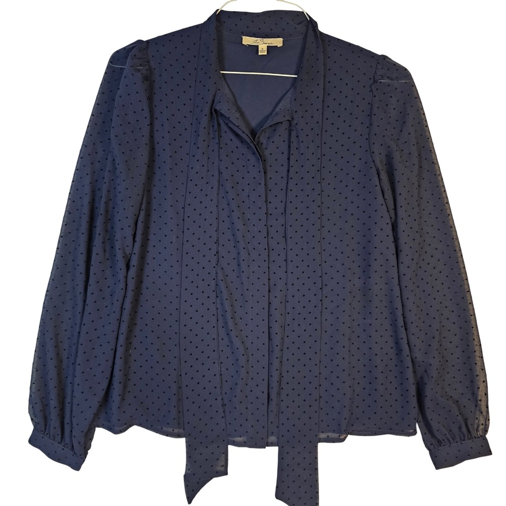 Les Serein Navy Blue Polka Dot Tie Neck Blouse Sheer Long Sleeve Small